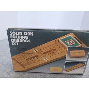 Solid Oak Folding Cribbage Set Vintage Wood Playing Cards Pegs Storage